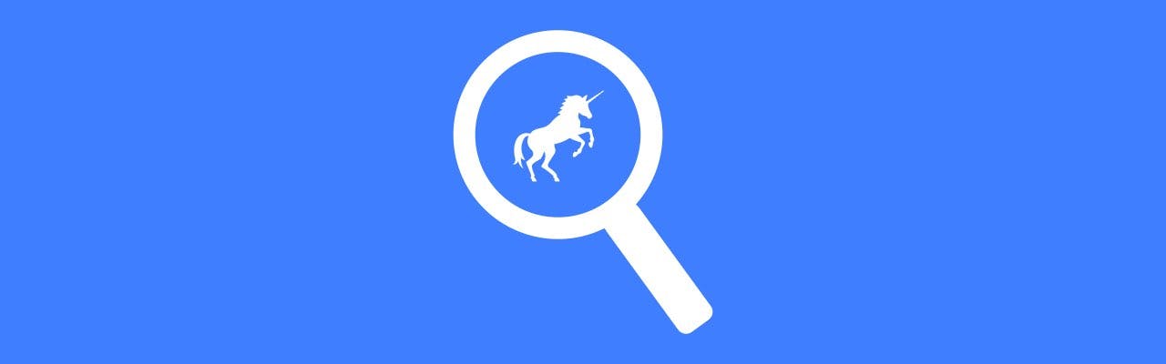 A magnifying glass is seen hovering over a unicorn highlighting the concept of looking for the uniqueness inside often boring B2B topics.