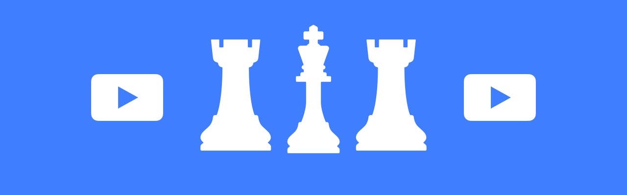 A few chess pieces are sandwiched between two YouTube icons symbolizing strategically creating YouTube content for your B2B brand.