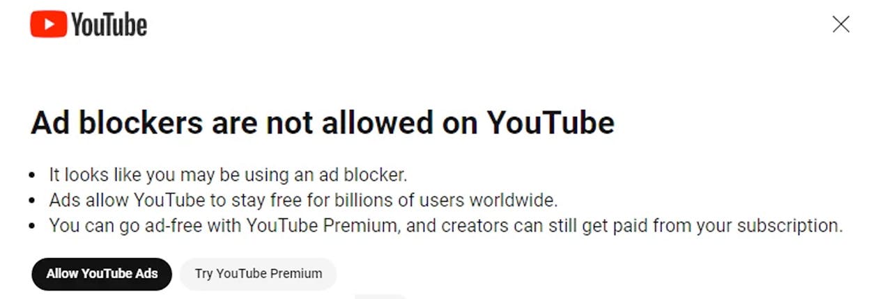 Here's what the reported YouTube Ad Blocker notice looks like.