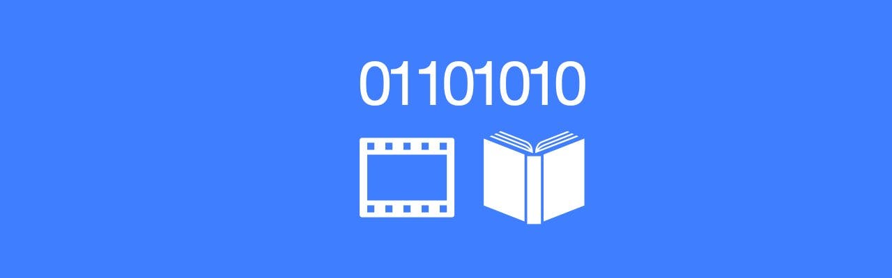 A binary code, movie clip, and ebook symbolize electronic products people can monetize through their YouTube content.