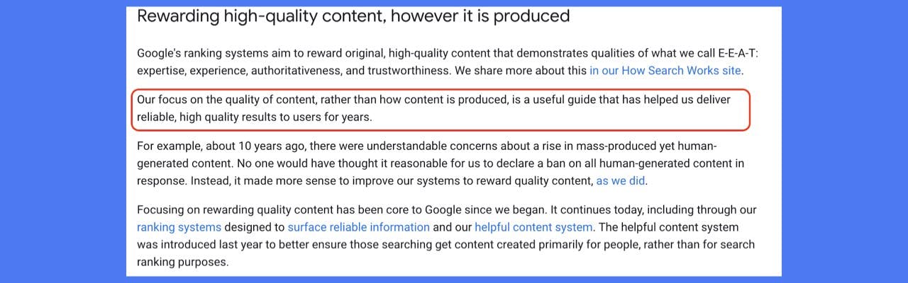 A screen shot of Google Search Developer's blog regarding AI content.