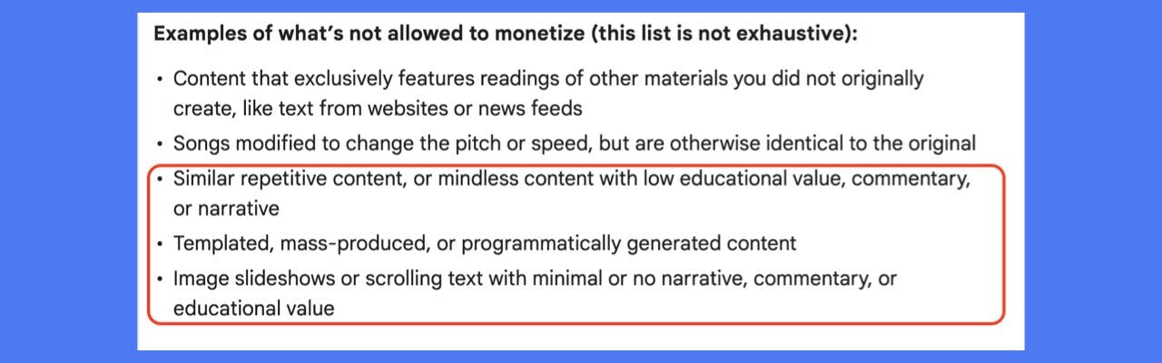 A screen shot of YouTube's Monetization Rules